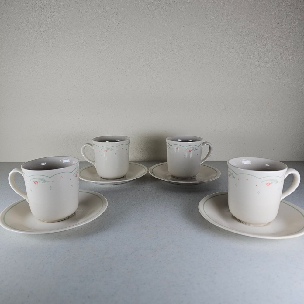 Set of 4 Corning Corelle CALICO ROSE Tea/Coffee Cups with Saucers -